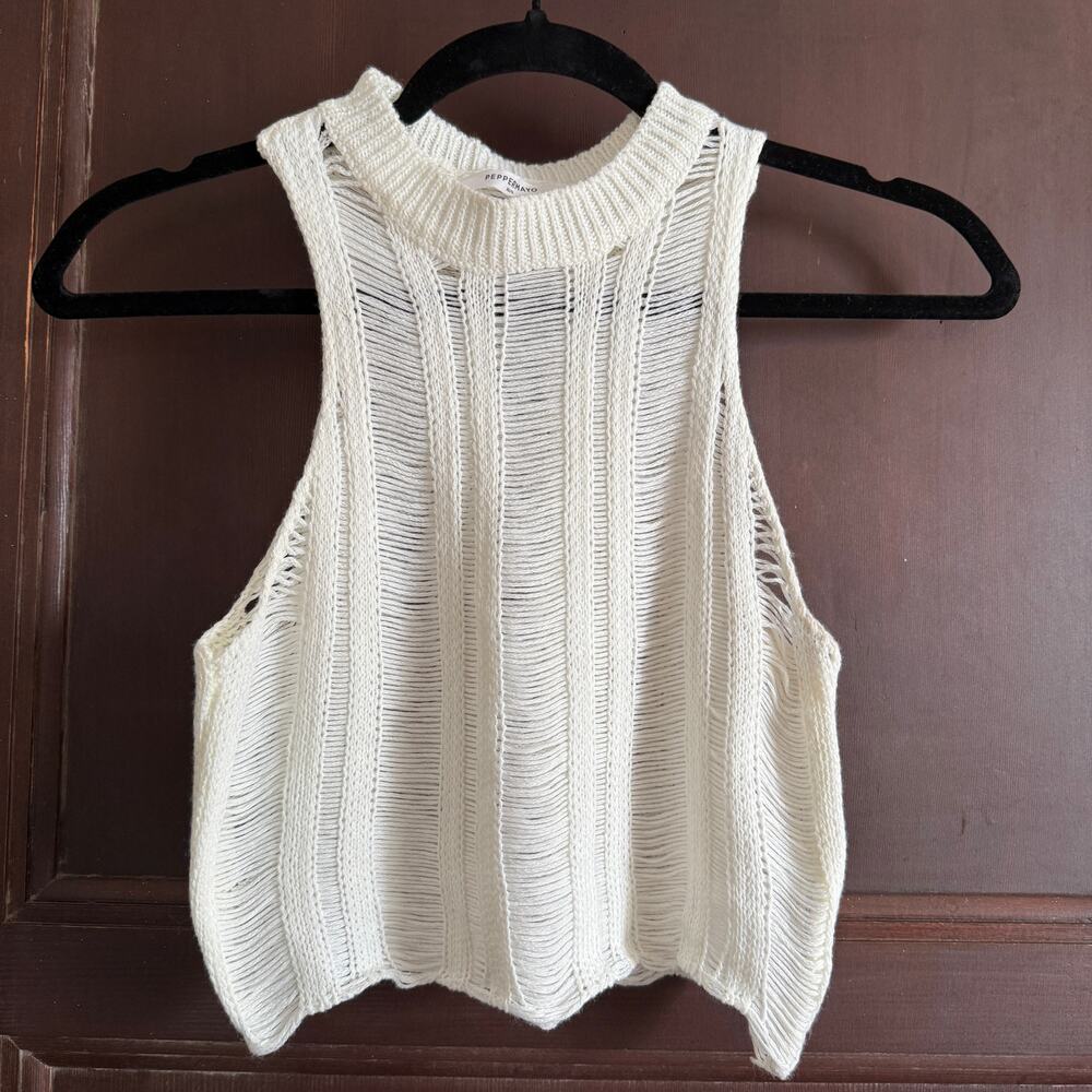 PEPPERMAYO | cream shredded High Neck sleeveless Crop sweater | XS / Small
